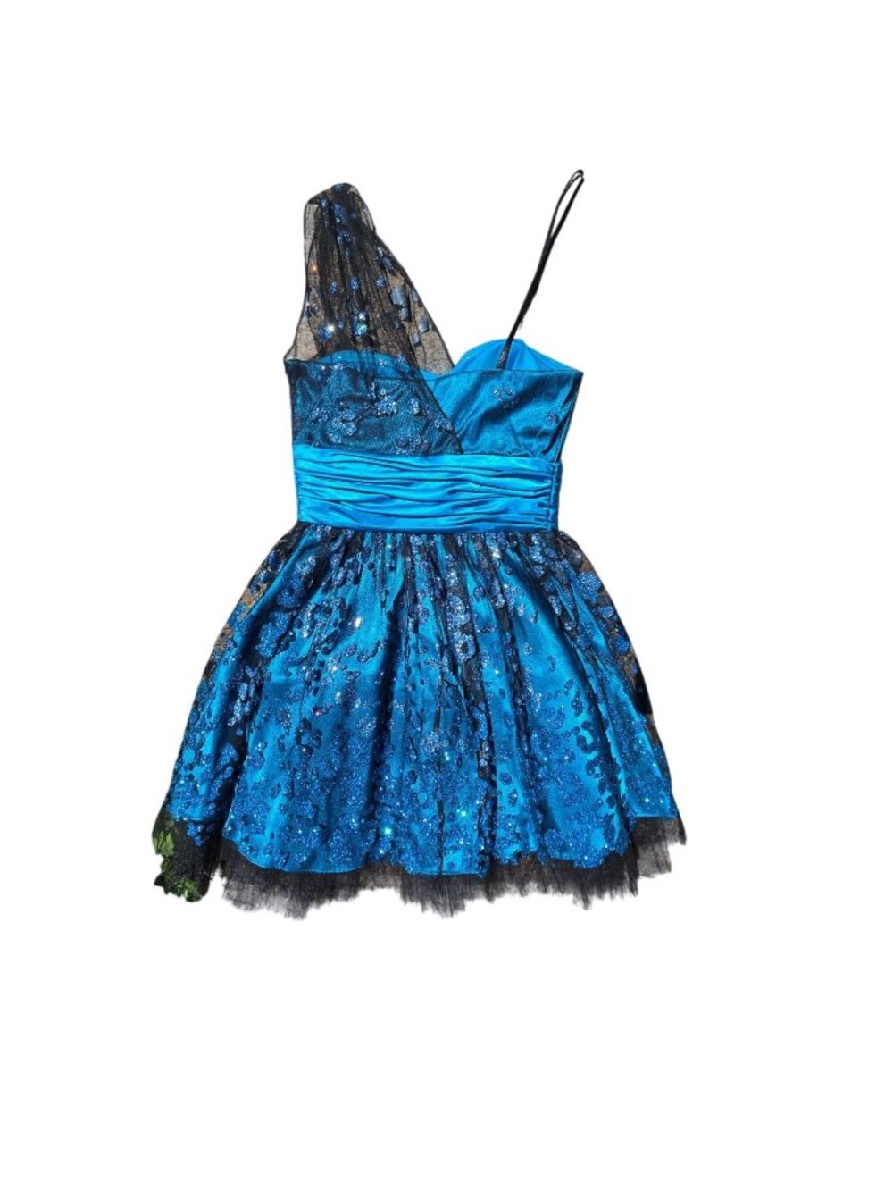 Vtg Morgan & Co Aqua Black Lace Prom Dress Whimsigoth Y2K Sweetheart Mini 3/4